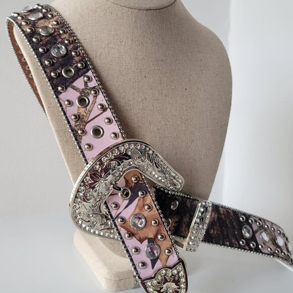 Blazin Roxx Ladies Rhinestone Pink & Brown Studded Leather Belt (Size: XL) - Picture 9 of 13